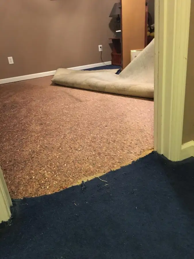 Carpet pad removal revealing water damage during Drying & Dehumidification in Baraboo